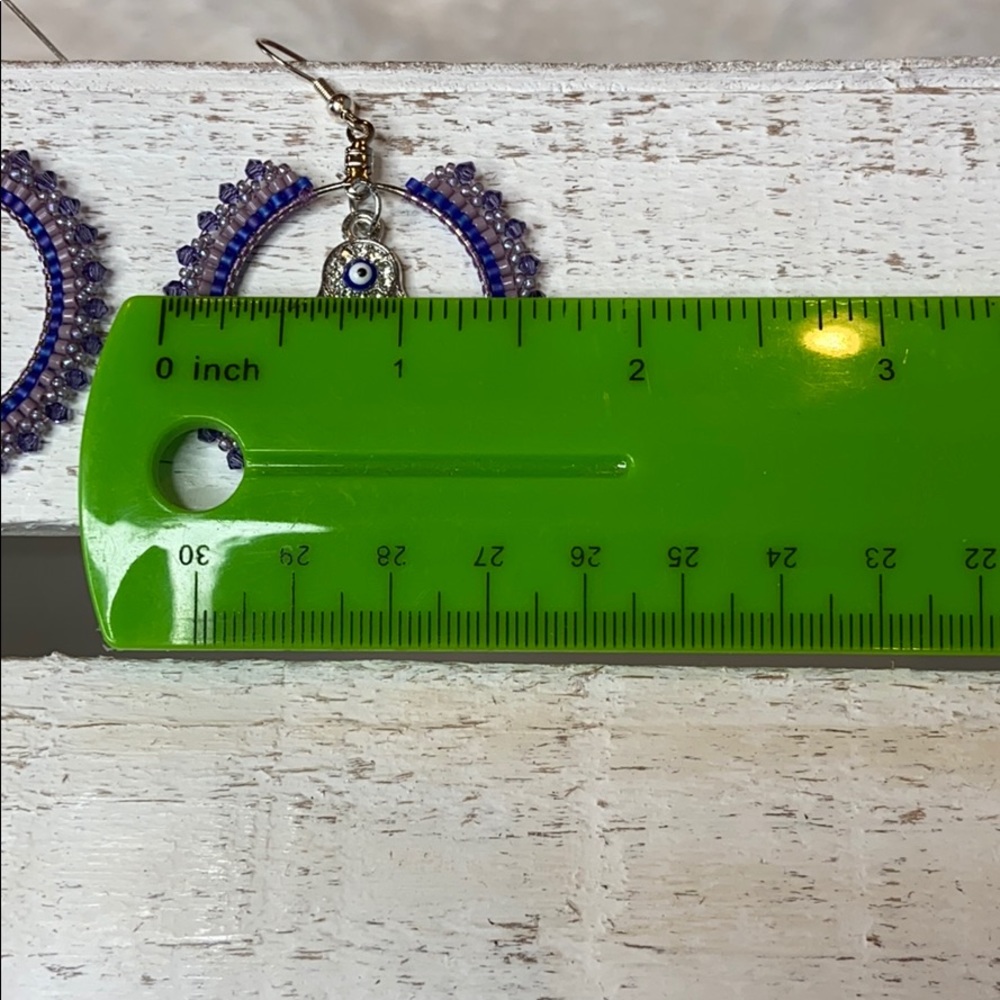 Boho Beaded Hand of Fatima HANDMADE Purple Hoop Earrings - Picture 5 of 6